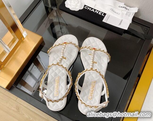 Classic Hot Chanel Lambskin & Jewelry Flat Sandals G38916 White