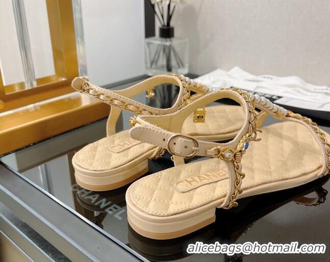 Luxury Chanel Lambskin & Jewelry Flat Sandals G38916 Beige