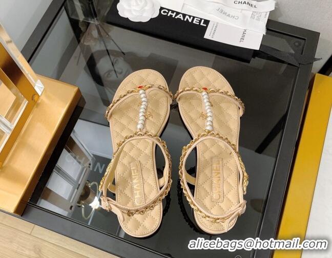 Luxury Chanel Lambskin & Jewelry Flat Sandals G38916 Beige