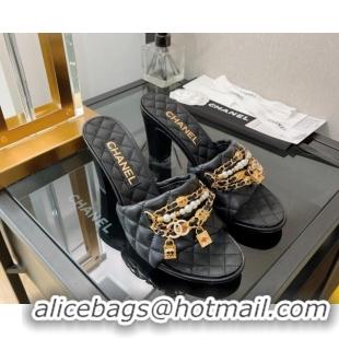 Classic Specials Chanel Lambskin & Jewelry High Heel Slide Sandals 8.5cm Black 0421100