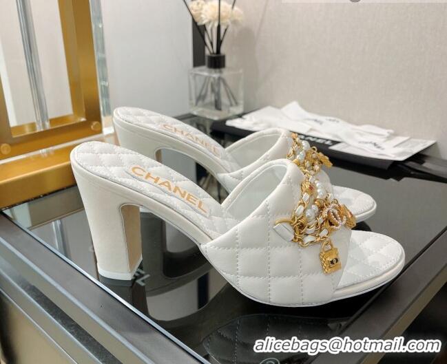 Generous Chanel Lambskin & Jewelry High Heel Slide Sandals 8.5cm White 0421101