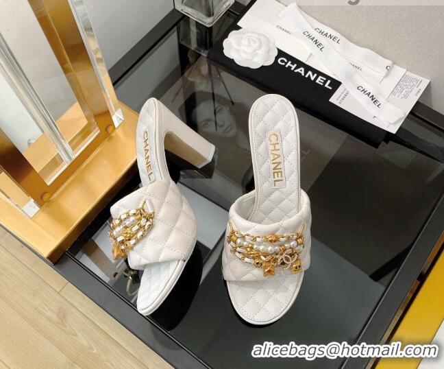 Generous Chanel Lambskin & Jewelry High Heel Slide Sandals 8.5cm White 0421101