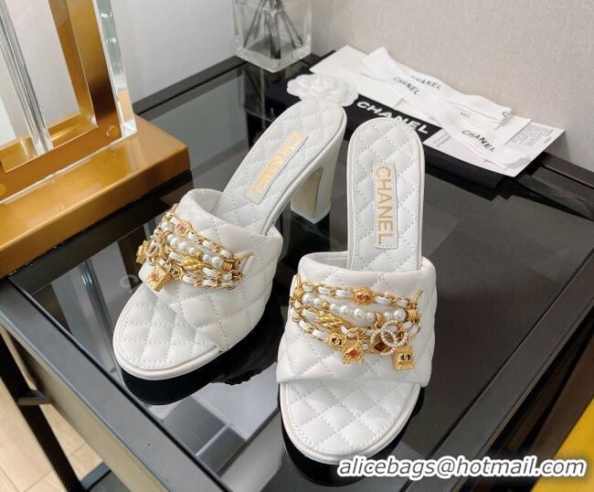 Generous Chanel Lambskin & Jewelry High Heel Slide Sandals 8.5cm White 0421101