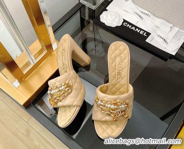 Luxury Chanel Lambskin & Jewelry High Heel Slide Sandals 8.5cm Beige 0421102