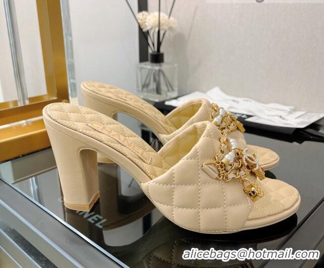 Luxury Chanel Lambskin & Jewelry High Heel Slide Sandals 8.5cm Beige 0421102