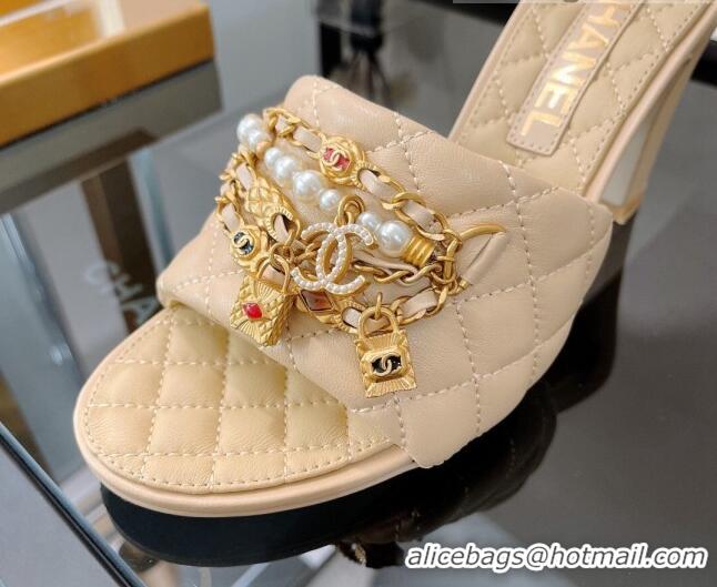 Luxury Chanel Lambskin & Jewelry High Heel Slide Sandals 8.5cm Beige 0421102