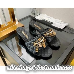 Unique Style Chanel Lambskin & Jewelry Medium Heel Slide Sandals 5cm Black 0421103