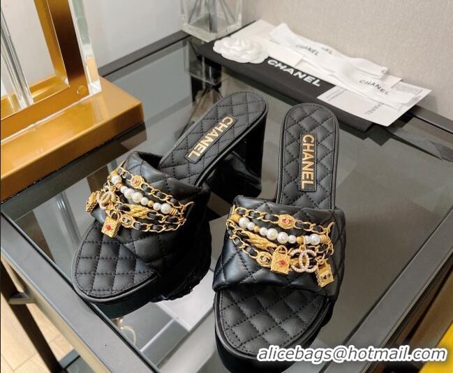 Unique Style Chanel Lambskin & Jewelry Medium Heel Slide Sandals 5cm Black 0421103