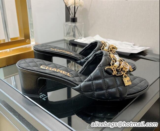 Unique Style Chanel Lambskin & Jewelry Medium Heel Slide Sandals 5cm Black 0421103