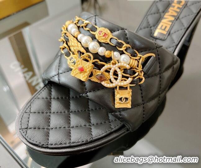 Unique Style Chanel Lambskin & Jewelry Medium Heel Slide Sandals 5cm Black 0421103