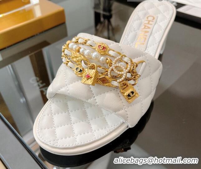 Cheap Price Chanel Lambskin & Jewelry Medium Heel Slide Sandals 5cm White 0421104