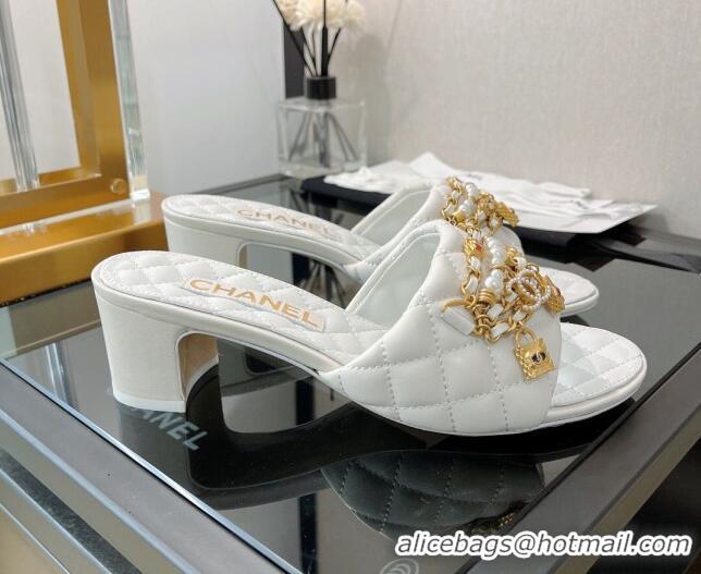 Cheap Price Chanel Lambskin & Jewelry Medium Heel Slide Sandals 5cm White 0421104