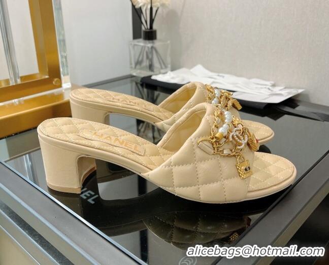 Low Cost Chanel Lambskin & Jewelry Medium Heel Slide Sandals 5cm Beige 0421104