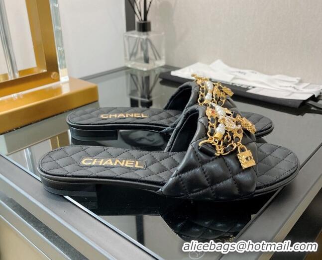 Luxurious Chanel Lambskin & Jewelry Flat Slide Sandals Black 0421106