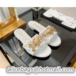 Best Price Chanel Lambskin & Jewelry Flat Slide Sandals White 0421107