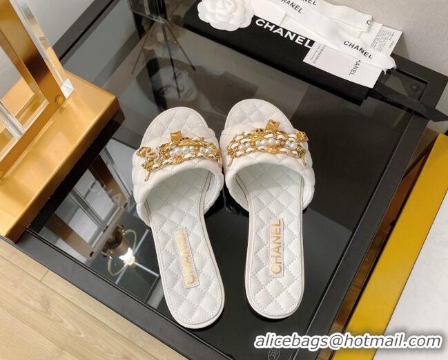 Best Price Chanel Lambskin & Jewelry Flat Slide Sandals White 0421107