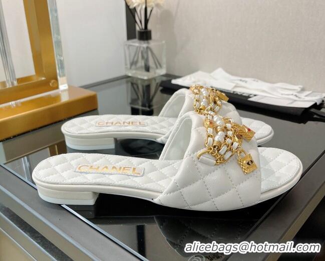 Best Price Chanel Lambskin & Jewelry Flat Slide Sandals White 0421107