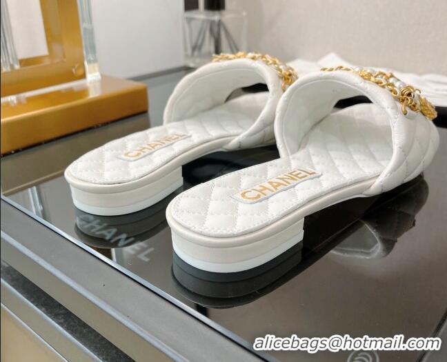 Best Price Chanel Lambskin & Jewelry Flat Slide Sandals White 0421107