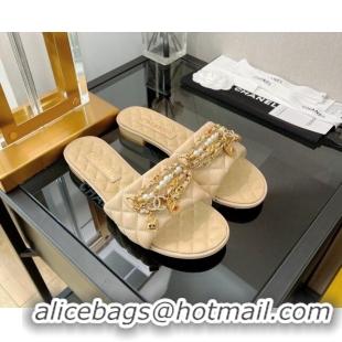 Top Grade Chanel Lambskin & Jewelry Flat Slide Sandals Beige 0421108