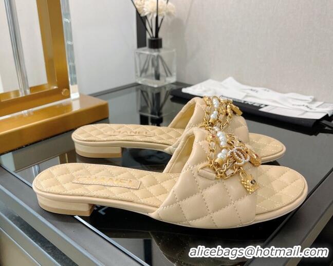 Top Grade Chanel Lambskin & Jewelry Flat Slide Sandals Beige 0421108