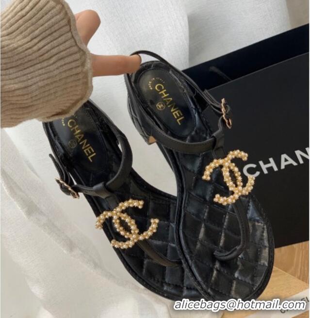 Discount Chanel Leather CC Charm Flat Thong Sandals Black 0421109