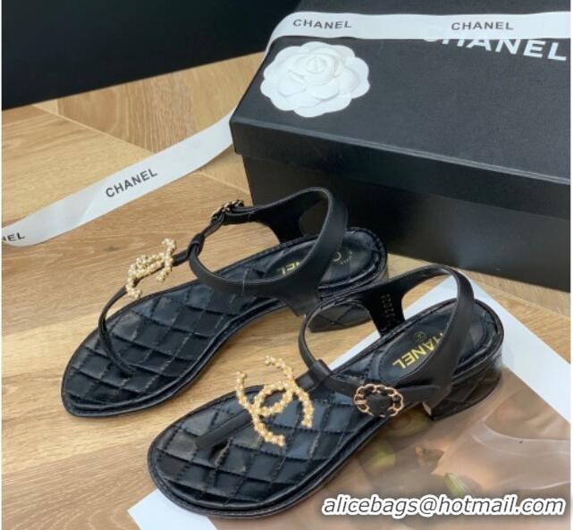 Discount Chanel Leather CC Charm Flat Thong Sandals Black 0421109