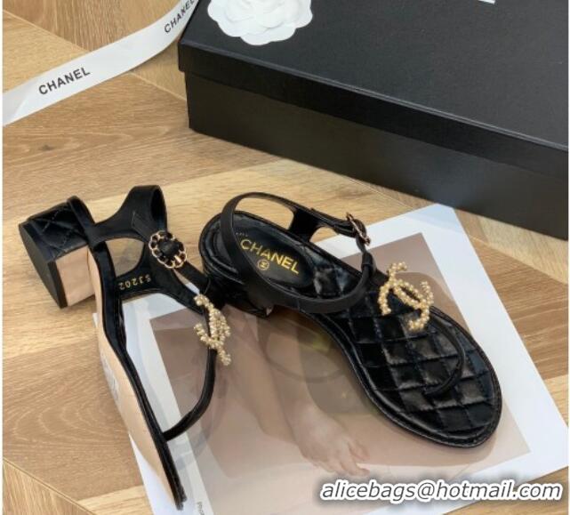 Discount Chanel Leather CC Charm Flat Thong Sandals Black 0421109