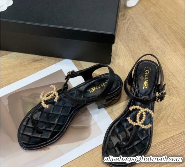 Discount Chanel Leather CC Charm Flat Thong Sandals Black 0421109