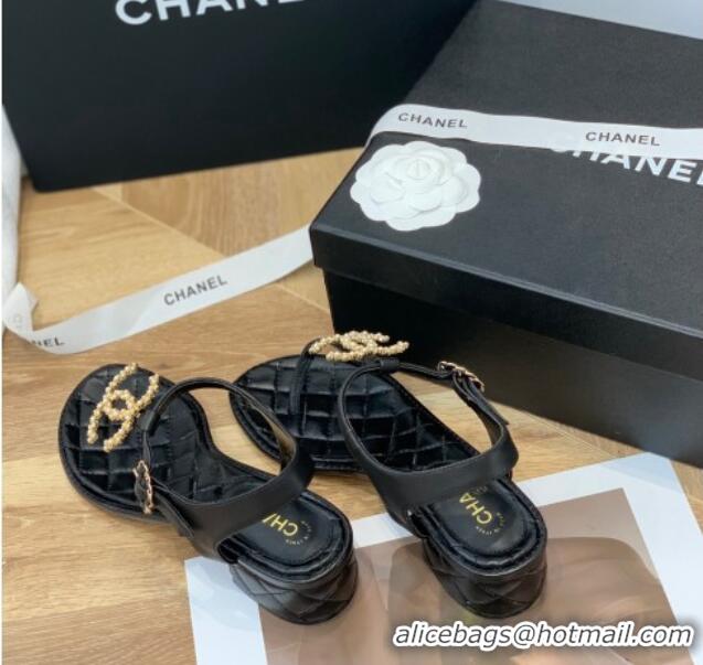 Discount Chanel Leather CC Charm Flat Thong Sandals Black 0421109