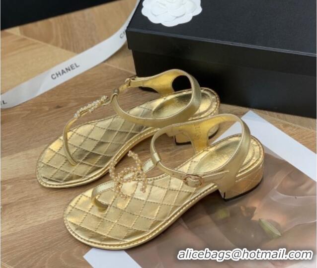 Purchase Chanel Leather CC Charm Flat Thong Sandals Gold 0421110