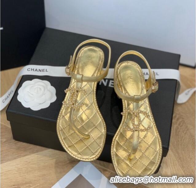 Purchase Chanel Leather CC Charm Flat Thong Sandals Gold 0421110