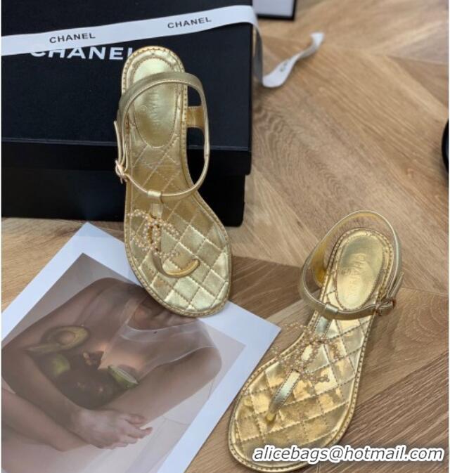 Purchase Chanel Leather CC Charm Flat Thong Sandals Gold 0421110