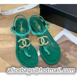 Fashion Chanel Leather CC Charm Flat Thong Sandals Green 0421112