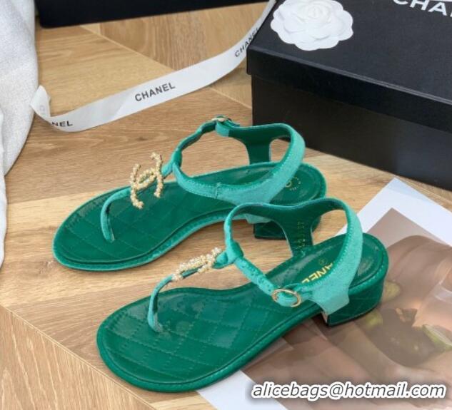 Fashion Chanel Leather CC Charm Flat Thong Sandals Green 0421112