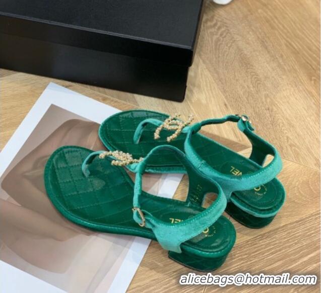 Fashion Chanel Leather CC Charm Flat Thong Sandals Green 0421112