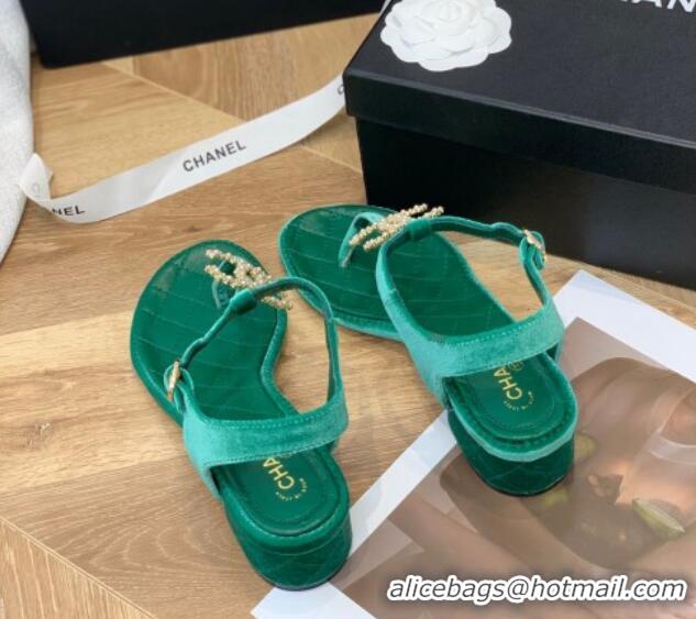 Fashion Chanel Leather CC Charm Flat Thong Sandals Green 0421112