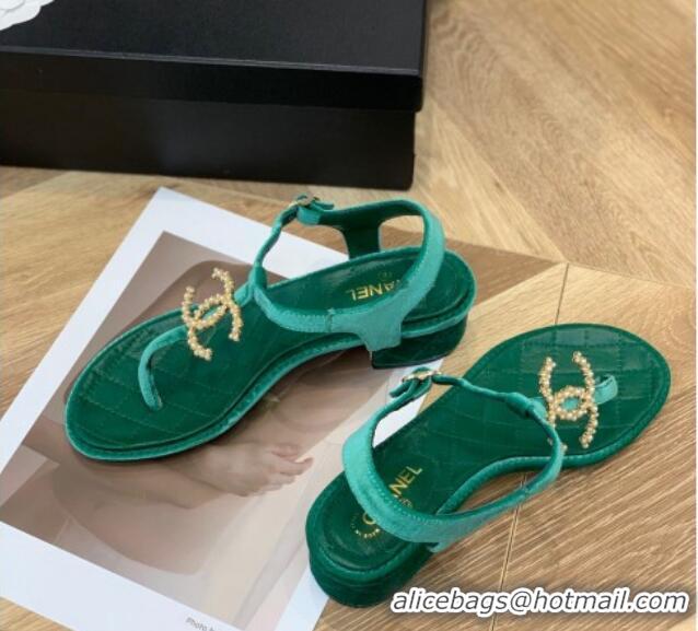 Fashion Chanel Leather CC Charm Flat Thong Sandals Green 0421112