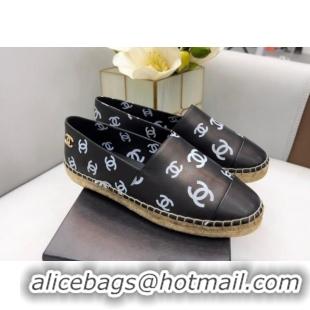 Grade Quality Chanel CC Printed Lambskin Espadrilles G38628 Black 0421115