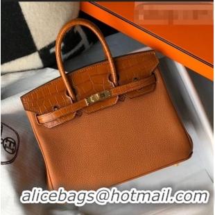 Top Quality Hermes Touch Birkin Bag 25cm in Crocodile Embossed Leather and Togo Calfskin H25 Brown/Gold