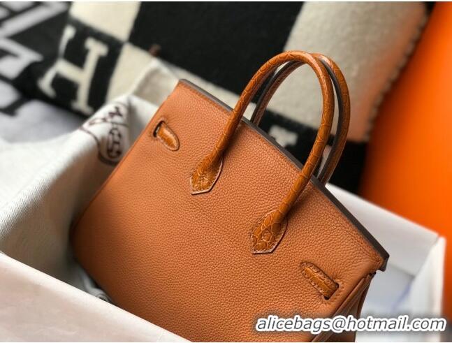 Top Quality Hermes Touch Birkin Bag 25cm in Crocodile Embossed Leather and Togo Calfskin H25 Brown/Gold