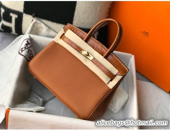 Top Quality Hermes Touch Birkin Bag 25cm in Crocodile Embossed Leather and Togo Calfskin H25 Brown/Gold