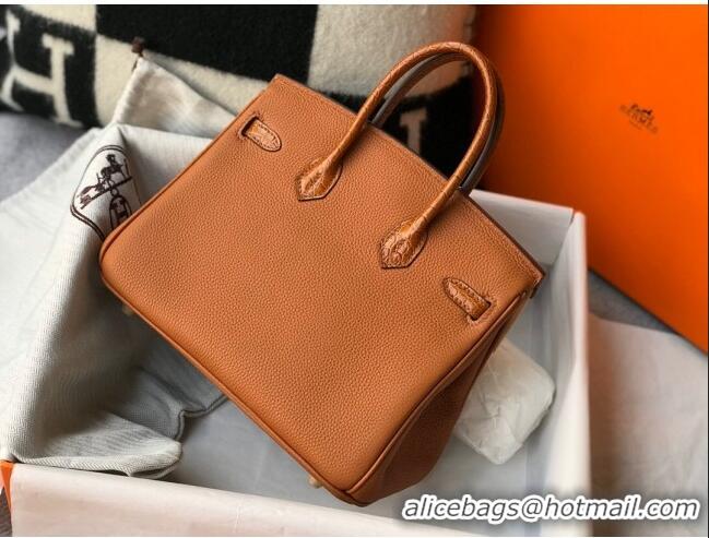 Top Quality Hermes Touch Birkin Bag 25cm in Crocodile Embossed Leather and Togo Calfskin H25 Brown/Gold