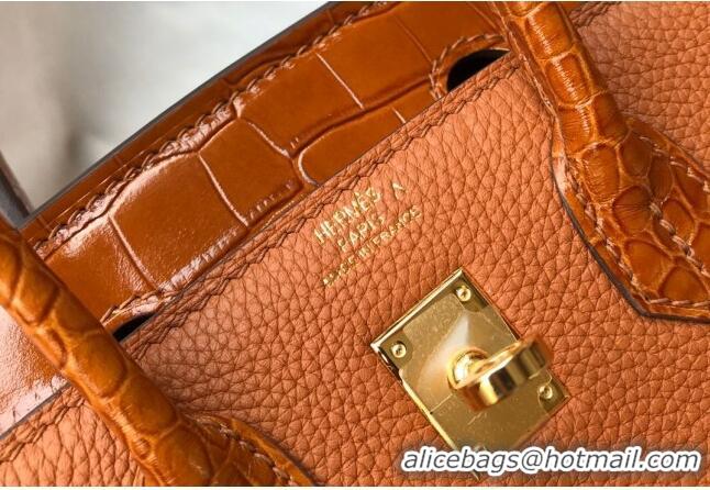 Top Quality Hermes Touch Birkin Bag 25cm in Crocodile Embossed Leather and Togo Calfskin H25 Brown/Gold