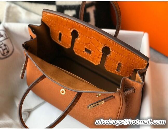 Top Quality Hermes Touch Birkin Bag 25cm in Crocodile Embossed Leather and Togo Calfskin H25 Brown/Gold