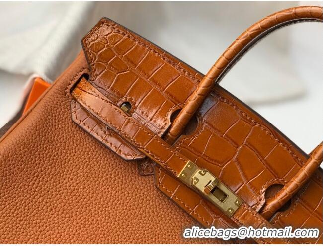 Top Quality Hermes Touch Birkin Bag 25cm in Crocodile Embossed Leather and Togo Calfskin H25 Brown/Gold