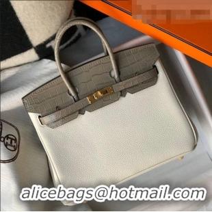 Discount Hermes Touch Birkin Bag 25cm in Crocodile Embossed Leather and Togo Calfskin H25 White/Gold