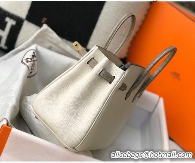 Discount Hermes Touch Birkin Bag 25cm in Crocodile Embossed Leather and Togo Calfskin H25 White/Gold