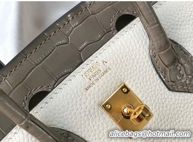 Discount Hermes Touch Birkin Bag 25cm in Crocodile Embossed Leather and Togo Calfskin H25 White/Gold