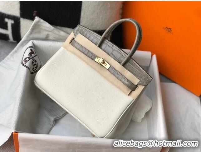 Discount Hermes Touch Birkin Bag 25cm in Crocodile Embossed Leather and Togo Calfskin H25 White/Gold