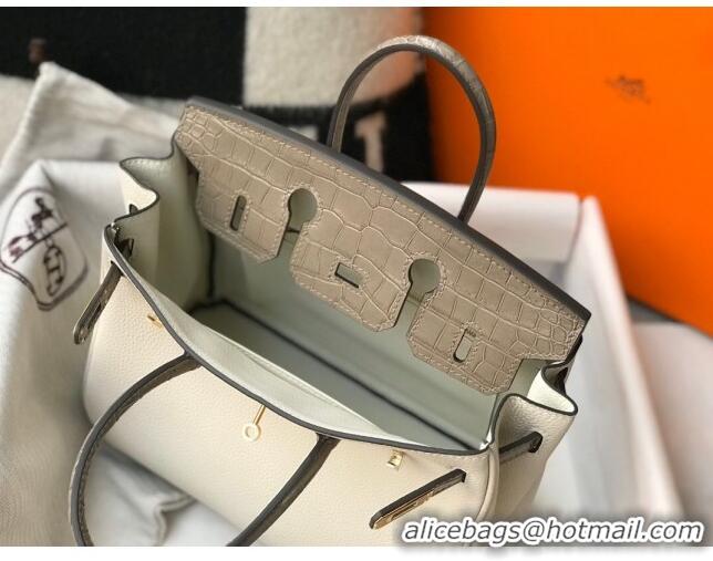 Discount Hermes Touch Birkin Bag 25cm in Crocodile Embossed Leather and Togo Calfskin H25 White/Gold